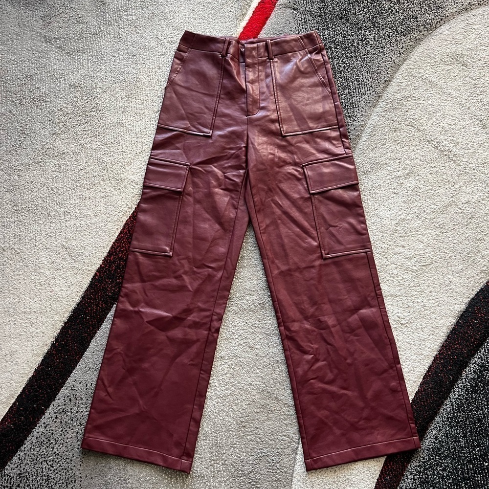 Wayf Faux Leather Burgundy Cargo Wide Leg Pants - Picture 3 of 5